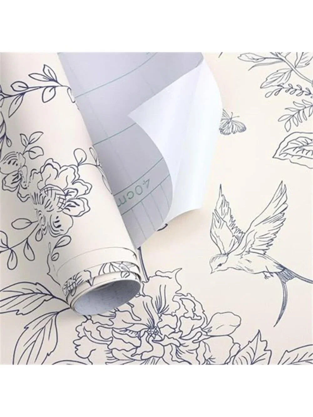 Cream White and Blue Floral Peel and Stick Wallpaper 17.7in×118.1in |Blue Floral